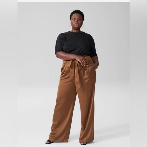 Universal Standard Pants - Universal Standard Tresa Wide Leg Satin High Waist Tie Pants Caramel Brown 22-24